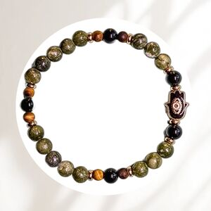 Chic GENUINE Jade, Tiger's Eye and Black Tourmaline Gold Bracelet